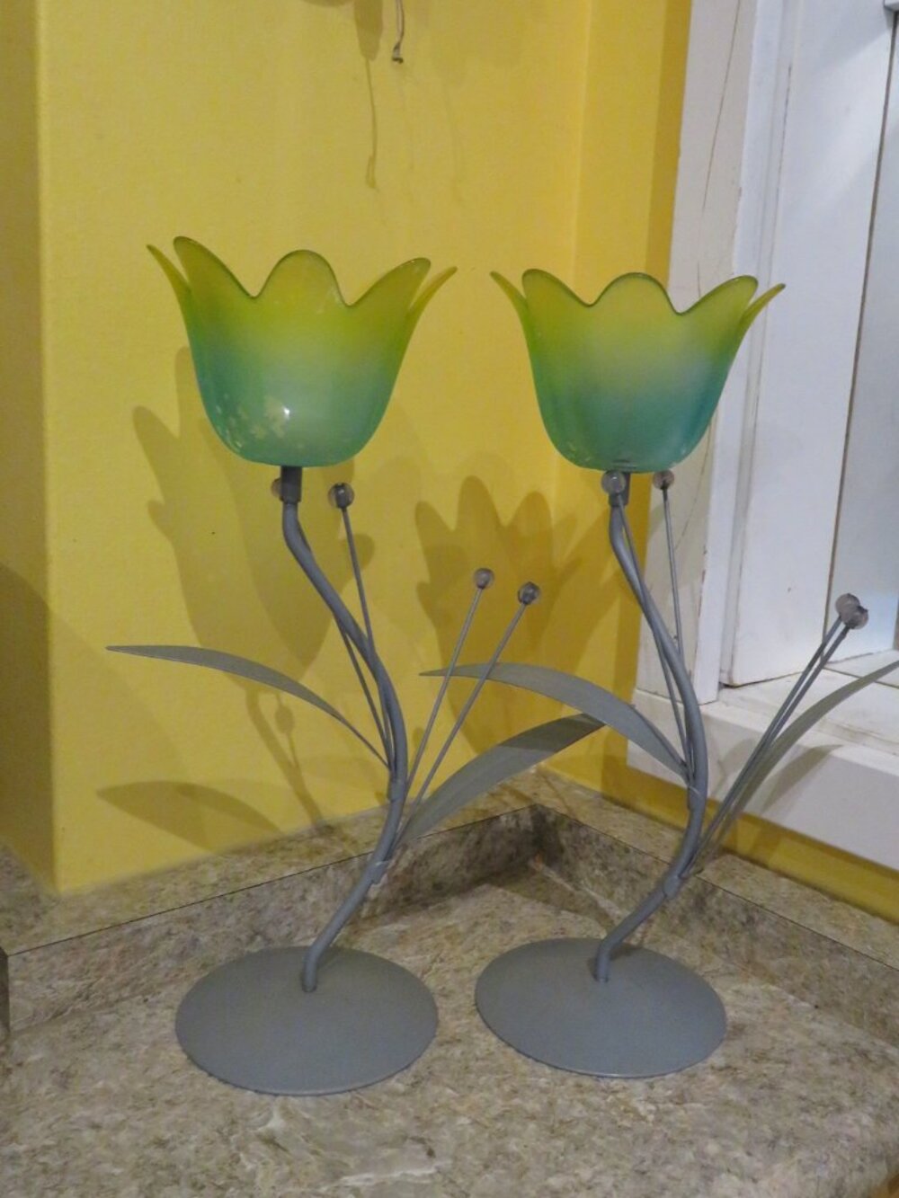 Pair Flower Shape Metal & Glass Candle Holders (K863)